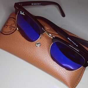 Ray-Ban Black Sunglasses with Blue Lenses and Brown Case